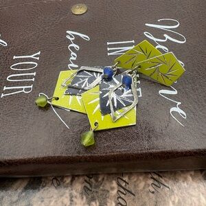 Retro Enamel Geometric Dangle Earrings Green Blue 80s 90s Abstract